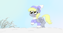 Size: 1500x800 | Tagged: safe, artist:eeveefromkalos123, derpy hooves, pony, g4, beanie, clothes, female, hat, scarf, snow, solo, winter