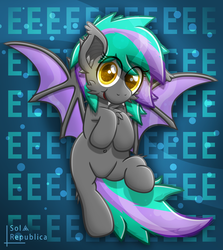 Size: 3500x3922 | Tagged: safe, artist:sol-r, oc, oc only, bat pony, pony, :t, abstract background, bat pony oc, bat wings, belly button, cheek fluff, chest fluff, colored pupils, cute, cute little fangs, ear fluff, ear tufts, eeee, fangs, female, fluffy, flying, high res, looking at you, mare, multicolored hair, multicolored mane, multicolored tail, ocbetes, open mouth, smiling, solo, spread wings, text, wingding eyes, wings