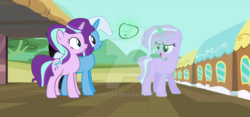 Size: 1024x481 | Tagged: safe, artist:cahwolfy, starlight glimmer, trixie, oc, pony, unicorn, g4, base used, deviantart watermark, female, lesbian, magical lesbian spawn, mare, obtrusive watermark, offspring, parent:starlight glimmer, parent:trixie, parents:startrix, ship:startrix, shipping, train station, watermark