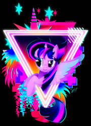 Size: 600x835 | Tagged: safe, artist:ii-art, twilight sparkle, alicorn, pony, g4, alternate hairstyle, bust, color porn, eyestrain warning, female, mare, neon, portrait, solo, spread wings, synthwave, twilight sparkle (alicorn), wings