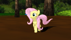 Size: 1366x768 | Tagged: safe, artist:ricochetrebound, fluttershy, butterfly, pony, g4, 3d, female, forest, mmd, solo