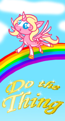 Size: 275x510 | Tagged: safe, artist:grievousfan, oc, oc only, oc:happy daze, alicorn, pony, pink fluffy unicorns dancing on rainbows, alicorn oc, cloud, cute, do the thing, female, flying, hoof shoes, mare, motivational poster, ocbetes, rainbow, sky, smiling, solo, sparkles, spread wings, text, thing, wings