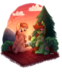 Size: 1980x2373 | Tagged: safe, artist:cloud-drawings, oc, oc only, butterfly, earth pony, pony, unicorn, blanket, blushing, female, male, mare, scenery, simple background, smiling, stallion, transparent background, tree