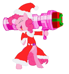 Size: 1392x1488 | Tagged: safe, artist:metal-jacket444, pinkie pie, earth pony, pony, g4, belt, bipedal, cannon, christmas, clothes, costume, eyes closed, female, gif, hat, holiday, hoof hold, non-animated gif, present, rocket launcher, santa costume, santa hat, simple background, solo, standing, teeth, tongue out, transparent background, wip