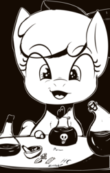 Size: 638x1000 | Tagged: safe, artist:harvest_charm, apple bloom, earth pony, pony, g4, black and white, death potion, female, filly, grayscale, inktober, inktober 2017, monochrome, open mouth, poison, solo