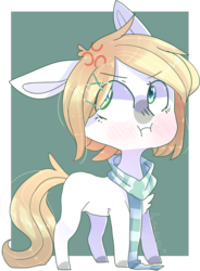 Size: 1286x1744 | Tagged: safe, artist:erinartista, oc, oc only, oc:ren, earth pony, pony, chibi, clothes, cross-popping veins, male, scarf, solo, stallion