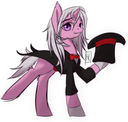 Size: 1047x1000 | Tagged: safe, artist:harvest_charm, oc, oc only, pony, unicorn, bowtie, clothes, hat, hoof hold, simple background, top hat, white background