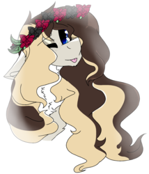 Size: 1788x2089 | Tagged: safe, artist:brokensilence, oc, oc only, oc:misty serenity, chest fluff, floral head wreath, flower, fluffy, freckles, leaves, long hair, one eye closed, ponysona, simple background, tongue out, white background, wink