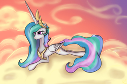 Size: 3840x2560 | Tagged: safe, artist:moonsheid, princess celestia, pony, g4, cloud, female, high res, lying, lyingontheclouds, sky, solo, sunset