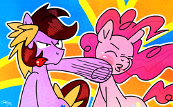 Size: 3548x2200 | Tagged: safe, artist:stec-corduroyroad, pinkie pie, oc, oc:corduroy road, earth pony, pony, g4, abuse, blood, female, high res, male, mare, pinkiebuse, punch, stallion, tongue out
