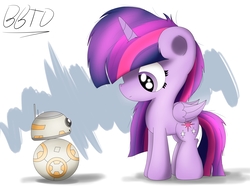 Size: 3564x2660 | Tagged: safe, artist:bronybehindthedoor, twilight sparkle, alicorn, pony, g4, bb-8, confused, crossover, cute, droid, female, folded wings, high res, looking at each other, mare, star wars, star wars: the force awakens, star wars: the last jedi, twiabetes, twilight sparkle (alicorn)