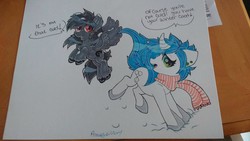 Size: 4096x2304 | Tagged: safe, artist:annuthecatgirl, oc, oc only, oc:anti-lag, oc:sharp shear, pegasus, pony, unicorn, clothes, curved horn, dialogue, ear piercing, fluffy, flying, horn, open mouth, piercing, scarf, snow, traditional art, unshorn fetlocks