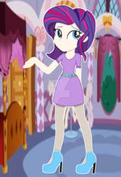 Size: 1024x1497 | Tagged: safe, artist:lilygarent, rarity, equestria girls, g4, alternate hairstyle, clothes, dress, female, high heels, human coloration, shoes, solo