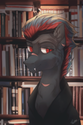 Size: 2193x3327 | Tagged: safe, artist:orfartina, oc, oc only, earth pony, pony, book, bookshelf, clothes, commission, handsome, high res, library, male, signature, solo, stallion