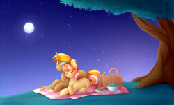 Size: 3442x2090 | Tagged: safe, artist:scarlet-spectrum, oc, oc only, pony, unicorn, basket, bread, commission, dating, eyes closed, food, full moon, high res, moon, night, picnic basket, picnic blanket, prone, sandwich, stars, tree