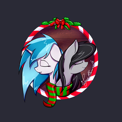Size: 3000x3000 | Tagged: safe, artist:syncbanned, dj pon-3, octavia melody, vinyl scratch, g4, bust, christmas, clothes, dark background, female, high res, holiday, scarf, shared clothing, shared scarf, ship:scratchtavia, shipping