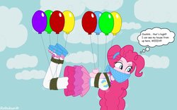 Size: 1131x707 | Tagged: safe, artist:robukun, pinkie pie, equestria girls, equestria girls series, g4, arm behind back, balloon, bondage, bound and gagged, cloth gag, clothes, floating, gag, rah rah skirt, rope, skirt, squirming, suspended, then watch her balloons lift her up to the sky, thought bubble, tied up