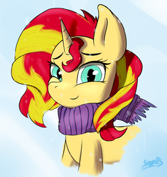Size: 1242x1324 | Tagged: safe, artist:sanzols, sunset shimmer, pony, unicorn, g4, bust, clothes, female, looking at you, mare, portrait, scarf, signature, smiling, snow, solo