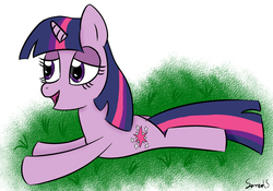 Size: 1076x755 | Tagged: safe, artist:sanzols, twilight sparkle, pony, unicorn, g4, female, lidded eyes, mare, open mouth, prone, signature, simple background, solo, white background