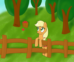 Size: 853x712 | Tagged: safe, artist:sanzols, applejack, earth pony, pony, g4, apple tree, bipedal, bipedal leaning, female, fence, leaning, mare, missing accessory, signature, solo, tree