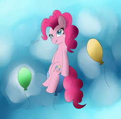 Size: 1600x1568 | Tagged: safe, artist:sanzols, pinkie pie, earth pony, pony, g4, balloon, balloon riding, colored pupils, female, floating, looking at you, mare, signature, sitting, smiling, solo