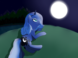 Size: 1600x1200 | Tagged: safe, artist:sanzols, princess luna, alicorn, pony, g4, colored pupils, female, lying down, mare, moon, night, night sky, signature, sky, solo