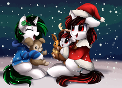 Size: 4094x2975 | Tagged: safe, artist:pridark, oc, oc only, eevee, pony, unicorn, antlers, baby, baby pony, christmas, colt, commission, female, hat, holiday, holly, male, mare, pokémon, reindeer antlers, santa hat
