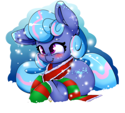 Size: 2000x1800 | Tagged: safe, artist:madacon, oc, oc only, oc:sapphire lollipop, earth pony, pony, blushing, clothes, cute, female, gift art, mare, ocbetes, simple background, smiling, snow, solo, stockings, thigh highs, transparent background