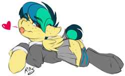 Size: 2535x1538 | Tagged: safe, artist:drizziedoodles, derpibooru exclusive, oc, oc only, oc:apogee, pony, fanfic:any landing you can walk away from..., butt freckles, clopfic in the comments, clothes, ear freckles, female, filly, freckles, heart, looking over shoulder, lying, miniskirt, one eye closed, pleated skirt, schoolgirl, sketch, skirt, skirt lift, solo, stockings, story in the comments, sweater, thigh highs, tongue out, uniform, wink, zettai ryouiki