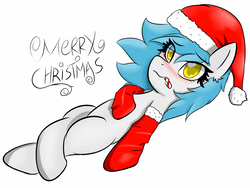 Size: 1334x1005 | Tagged: safe, artist:sanzols, oc, oc only, earth pony, pony, blushing, candy, candy cane, christmas, clothes, colored pupils, female, food, hat, holiday, looking at you, mare, on back, santa hat, signature, simple background, socks, solo, white background