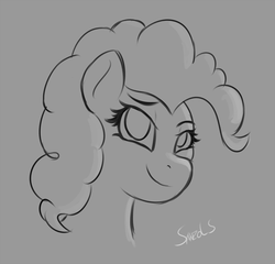 Size: 1019x979 | Tagged: safe, artist:sanzols, pinkie pie, earth pony, pony, g4, bust, female, gray background, mare, monochrome, portrait, signature, simple background, smiling, solo