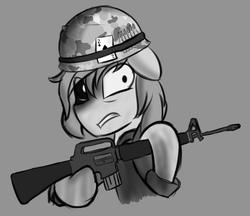 Size: 1056x912 | Tagged: safe, artist:sanzols, oc, oc only, earth pony, pony, assault rifle, floppy ears, glare, gray background, grayscale, gun, helmet, hoof hold, male, monochrome, playing card, rifle, signature, simple background, soldier, solo, stallion, vietnam war, weapon