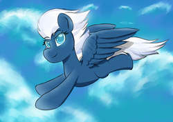 Size: 1386x984 | Tagged: safe, artist:sanzols, night glider, pegasus, pony, g4, colored pupils, female, flying, mare, signature, sky, smiling, solo
