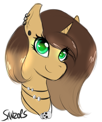 Size: 1164x1395 | Tagged: safe, artist:sanzols, oc, oc only, oc:esmeralda, pony, unicorn, bust, colored pupils, ear piercing, earring, female, jewelry, mare, necklace, piercing, portrait, signature, simple background, skull, smiling, solo, white background