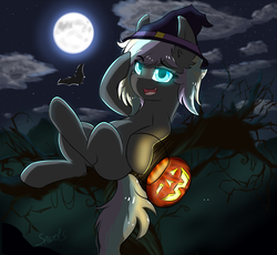 Size: 1556x1433 | Tagged: safe, artist:sanzols, oc, oc only, oc:ice trio, bat, earth pony, pony, colored pupils, ear fluff, female, glowing eyes, halloween, hat, holiday, jack-o-lantern, mare, moon, night, on back, open mouth, pumpkin, pumpkin bucket, signature, solo, witch hat