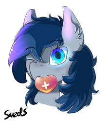 Size: 1029x1158 | Tagged: safe, artist:sanzols, oc, oc only, pegasus, pony, bust, colored pupils, ear fluff, heart, male, mouth hold, one eye closed, portrait, signature, simple background, solo, stallion, white background, wink