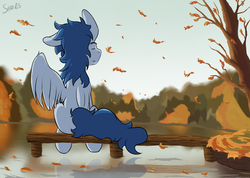 Size: 1541x1099 | Tagged: safe, artist:sanzols, oc, oc only, pony, autumn, bench, eyes closed, leaves, male, rear view, signature, sitting, smiling, solo, spread wings, stallion, wings
