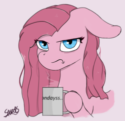 Size: 1239x1195 | Tagged: safe, artist:sanzols, pinkie pie, earth pony, pony, g4, :t, coffee, coffee mug, female, floppy ears, frown, glare, grumpy, hoof hold, i hate mondays, looking at you, mare, monday, morning ponies, mug, pink background, pinkamena diane pie, signature, simple background, solo, white background