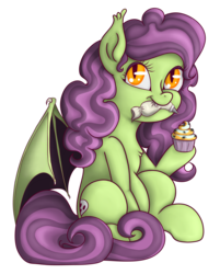Size: 2570x3189 | Tagged: safe, artist:xchan, derpibooru exclusive, oc, oc only, oc:spooky treats, bat pony, pony, spider, 2018 community collab, derpibooru community collaboration, baking, chest fluff, cupcake, cute, ear fluff, fangs, female, food, high res, looking at you, mare, mouth hold, ocbetes, simple background, sitting, smiling, solo, transparent background