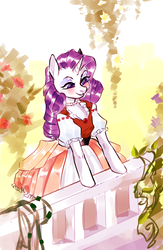 Size: 2196x3362 | Tagged: safe, artist:catzino, rarity, pony, semi-anthro, g4, balcony, blushing, clothes, cottagecore, cute, dress, female, high res, mare, puffy sleeves, raribetes, smiling, solo