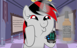 Size: 2044x1278 | Tagged: safe, artist:feqbrony, oc, oc only, oc:blackjack, pony, unicorn, fallout equestria, fallout equestria: project horizons, addiction, alcohol, alcoholic, alcoholism, applejack daniel's, dashface, dr. seuss, fanfic, fanfic art, female, glowing horn, hoofington, horn, how the grinch stole christmas, levitation, magic, magic aura, mare, pipbuck, scrunchy face, telekinesis, the grinch, whiskey