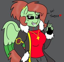 Size: 723x690 | Tagged: safe, artist:kellysans, oc, oc only, oc:kelly sparkle, pegasus, anthro, black sclera, breasts, clothes, colored wings, colored wingtips, fingerless gloves, freckles, gloves, gray background, jacket, peace sign, simple background, toothy grin