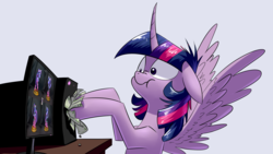 Size: 1920x1080 | Tagged: safe, artist:shuxer59, artist:underpable, edit, twilight sparkle, alicorn, pony, derpin daily, g4, :t, alternate hairstyle, butt, clothes, computer, curved horn, derp, dock, donut, featureless crotch, female, floppy ears, food, habit, horn, long horn, looking back, mare, meme, messy mane, money, mouth hold, nose wrinkle, plot, ponytail, scrunchy face, sculpture, shut up and take my money, silly, silly pony, simple background, socks, solo, spread wings, striped socks, traditional art, twibutt, twilight snapple, twilight sparkle (alicorn), wide eyes, wingboner, wings