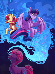 Size: 1800x2431 | Tagged: safe, artist:overlordneon, sunset shimmer, tempest shadow, twilight sparkle, alicorn, pony, unicorn, g4, my little pony: the movie, crying, female, floppy ears, mare, twilight sparkle (alicorn)