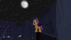 Size: 1920x1080 | Tagged: safe, scootaloo, bat pony, legends of equestria, g4, 3d, batpony costume, castle of the royal pony sisters, clothes, costume, epic, everfree forest, evershade forest, female, filly, foal, fog, moon, night, night sky, nightmare night, nightmare night costume, nightmarenightloe2017, pillar, ruins, sky, stars, video game