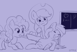 Size: 800x533 | Tagged: safe, artist:empyu, applejack, pinkie pie, rainbow dash, pony, g4, feather, female, hoof tickling, mare, monochrome, sketch, tickling, trio