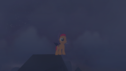 Size: 1920x1080 | Tagged: safe, scootaloo, bat pony, legends of equestria, g4, 3d, batpony costume, clothes, costume, creepy, crypt, female, filly, foal, fog, grave, gravestone, graveyard, heartlands, night, night sky, nightmare night, nightmare night costume, nightmarenightloe2017, roof, sky, stars, video game
