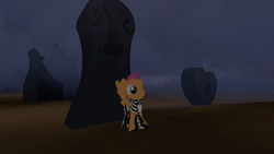 Size: 1920x1080 | Tagged: safe, screencap, scootaloo, undead, legends of equestria, g4, 3d, awoken, bone, clothes, costume, creepy, female, filly, foal, fog, game, game screencap, grave, gravestone, graveyard, heartlands, night, nightmare night, nightmare night costume, nightmarenightloe2017, skeleton, skeleton costume, spread wings, video game, wings