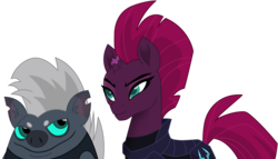 Size: 5656x3228 | Tagged: safe, artist:ejlightning007arts, grubber, tempest shadow, pony, unicorn, g4, my little pony: the movie, absurd resolution, armor, broken horn, clothes, female, horn, mare, simple background, smiling, torn ear, transparent background, vector