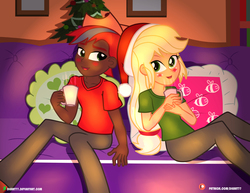 Size: 4000x3090 | Tagged: safe, artist:dieart77, applejack, oc, equestria girls, g4, canon x oc, christmas, christmas tree, clothes, commission, couch, equestria girls-ified, female, high res, holiday, male, pants, patreon, patreon logo, shirt, straight, tree